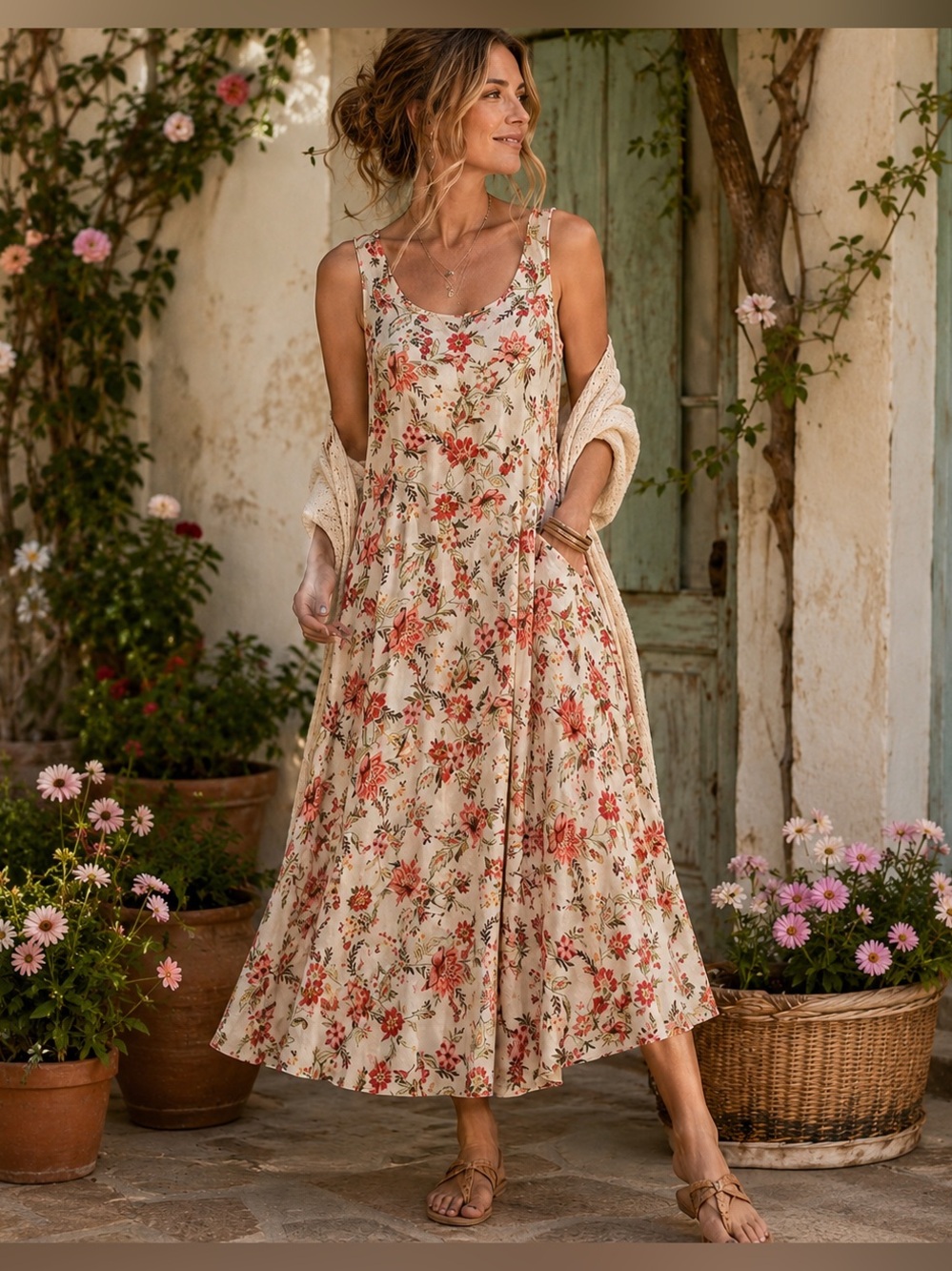 Blue Sky Clothing Co Linen Bamboo Floral Dress XL Cottagecore Midi